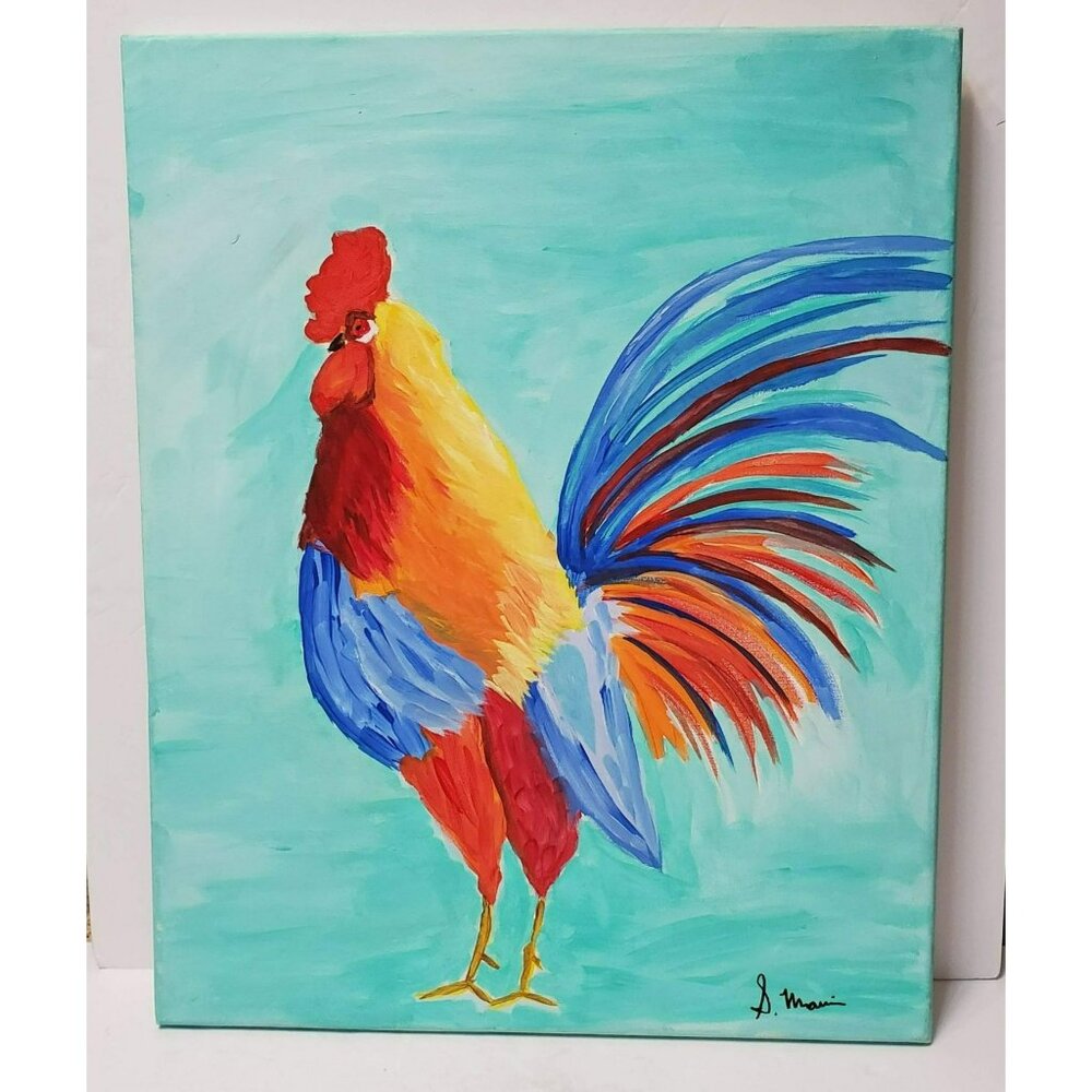 Vibrant Hand-Painted Rooster Canvas Art, Original Signed Oil Painting by S. Mami